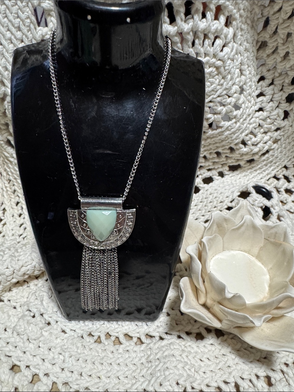 Silver-Tone Mint Teardrop Fringe Pendant Necklace